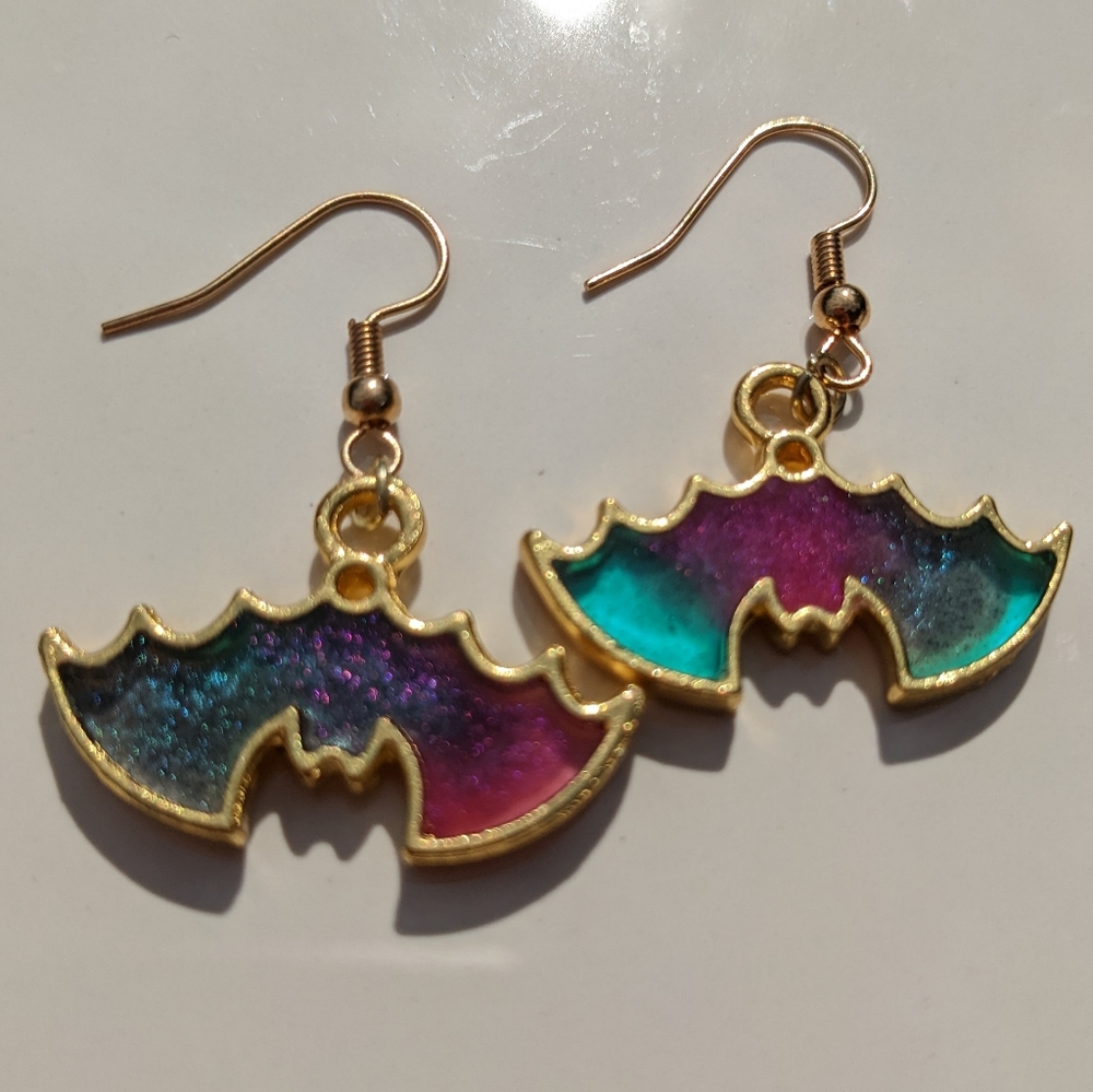 Rainbow Bats Earrings Gold Resin Galaxy Handmade Halloween - Picture 8 of 15